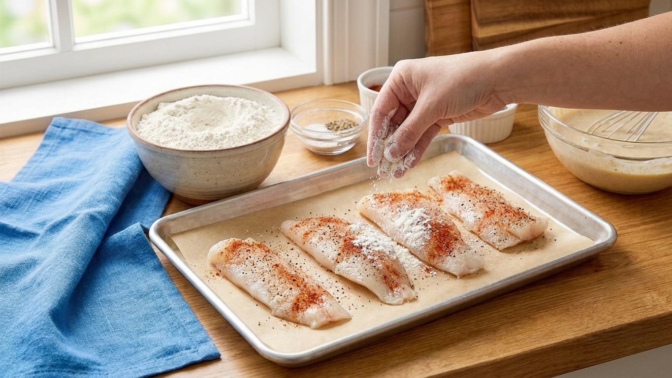 Cod fillet pieces on a parchment-lined sheet pan being lightly dusted with flour and seasoning before dipping into beer batter