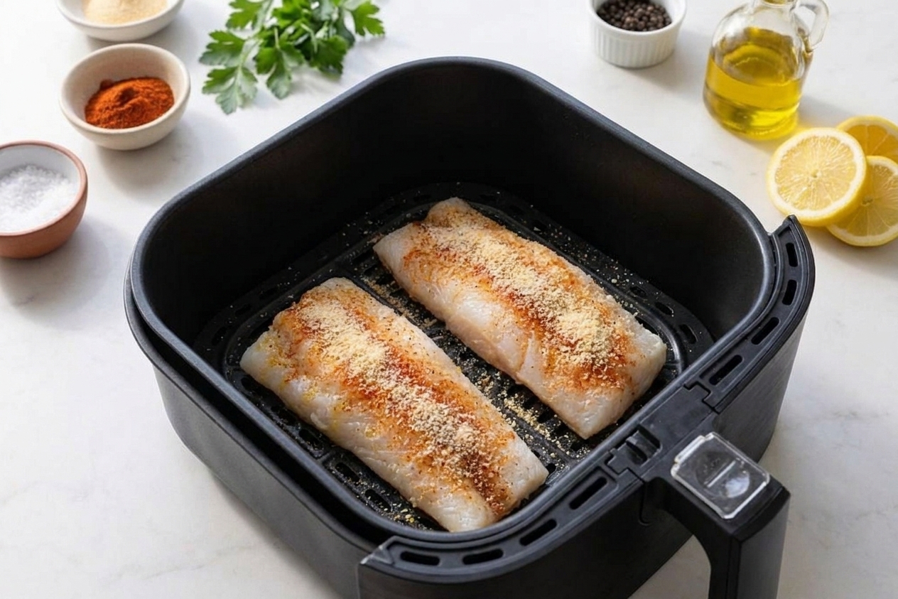 Cod fillets arranged in a single layer inside an air fryer basket before cooking