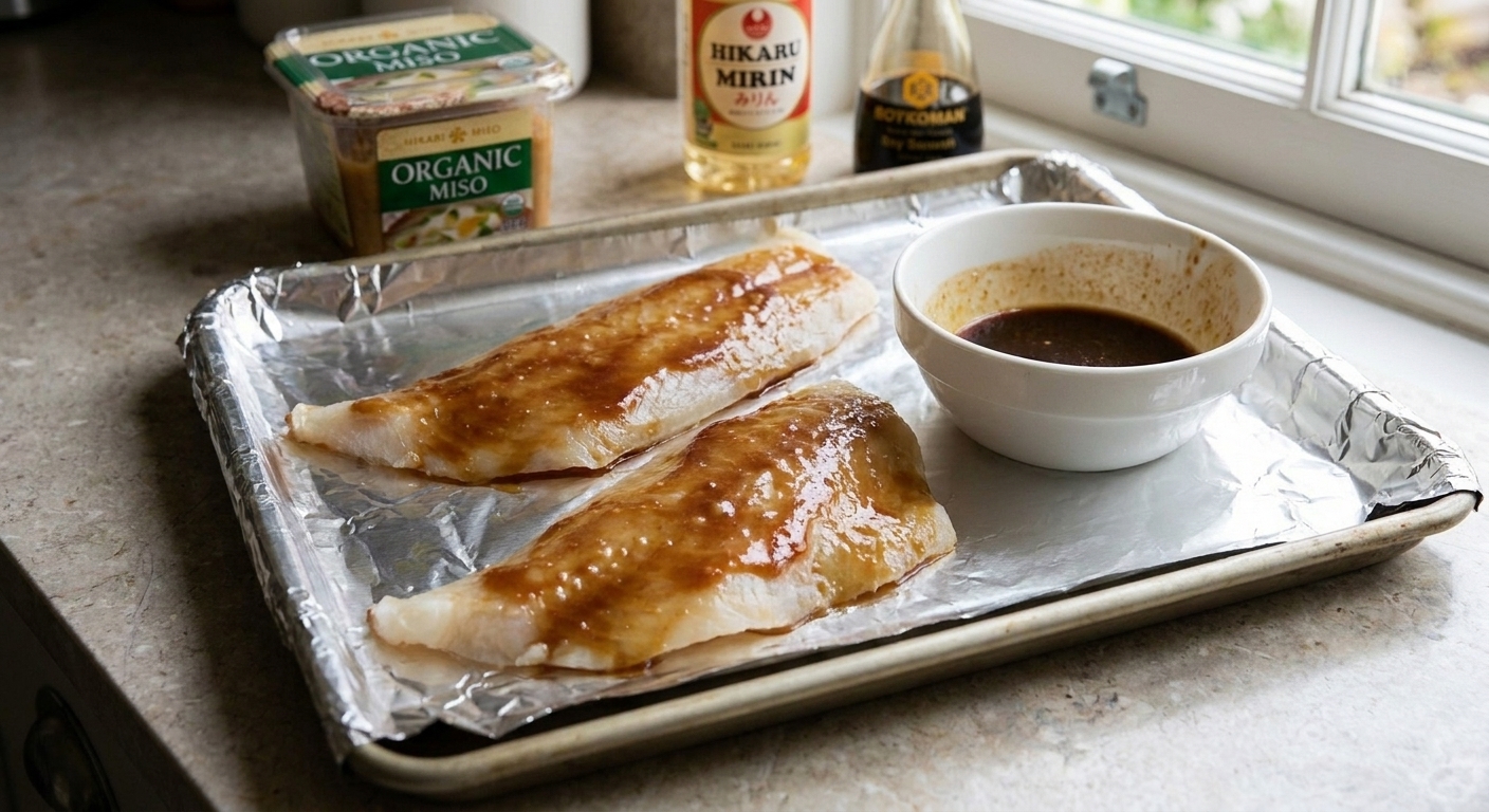 Cod fillets coated with a thin layer of miso marinade resting on a foil-lined sheet pan on a kitchen counter