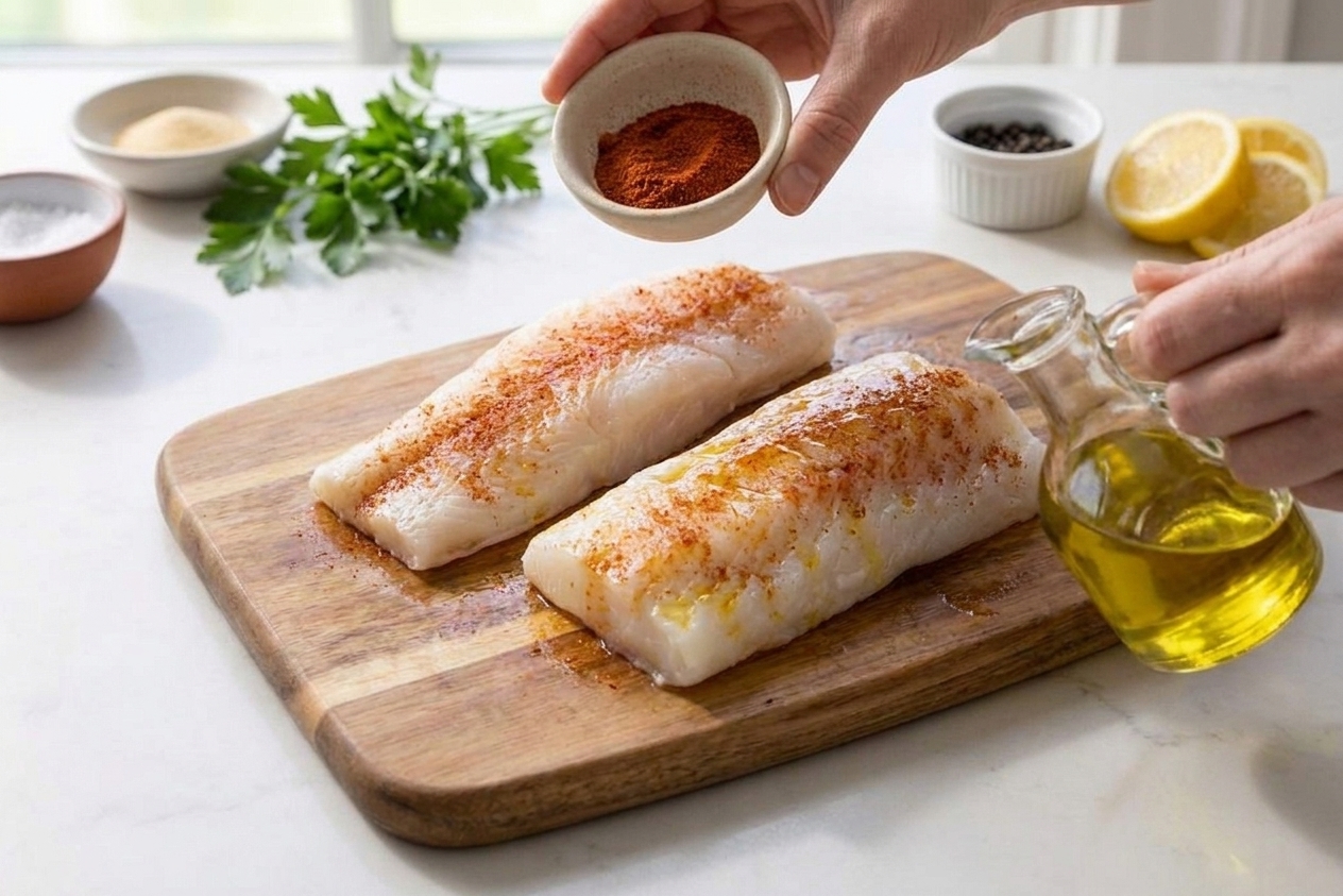 Cod fillets coated with oil and a reddish paprika seasoning blend