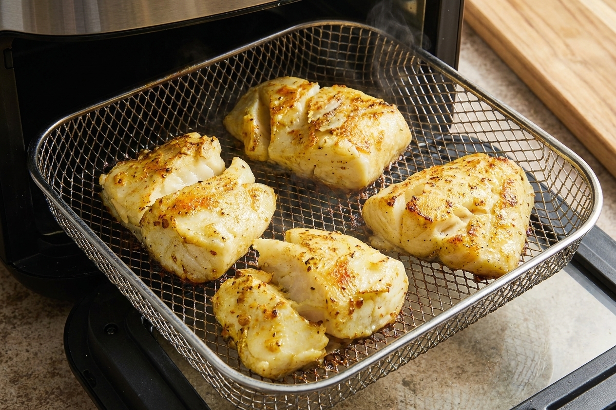 Cod fillets cooking in an air fryer basket, lightly browned around the edges under bright kitchen lighting