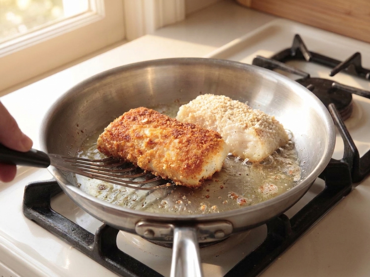 Cod fillets frying in a skillet with bubbling oil, crust turning golden brown, captured mid-cook on a home stovetop