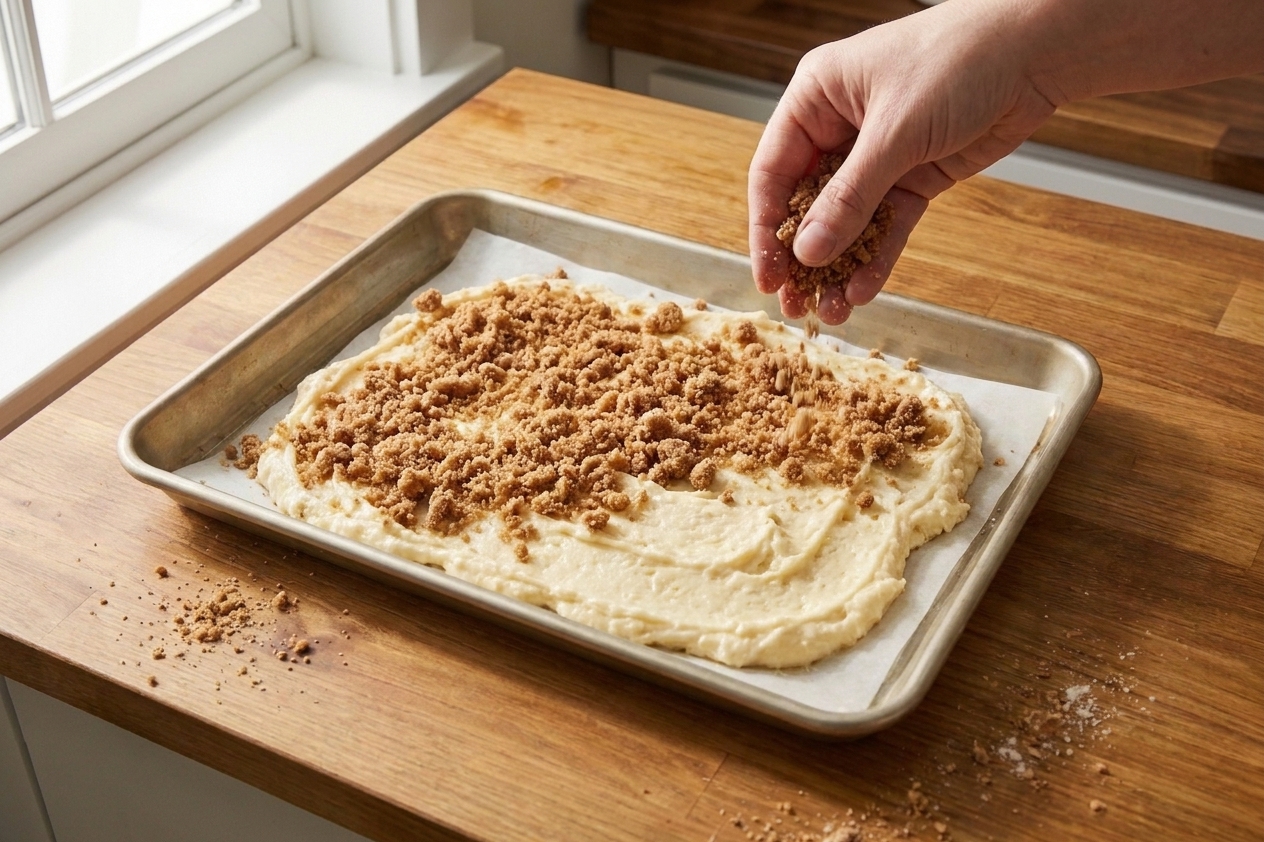 Coffee cake batter in a baking pan with cinnamon streusel being sprinkled evenly over the surface