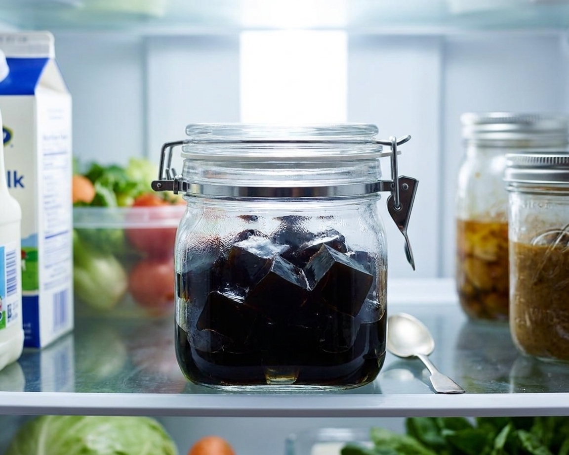 Coffee jelly cubes in an airtight glass container with a snap lid on a refrigerator shelf