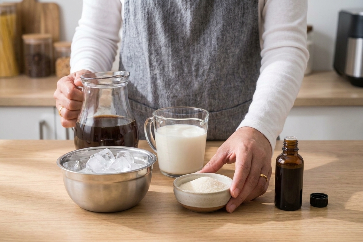 Coffee, milk, ice cubes, sugar, and vanilla on a clean kitchen counter ready for making a frappuccino