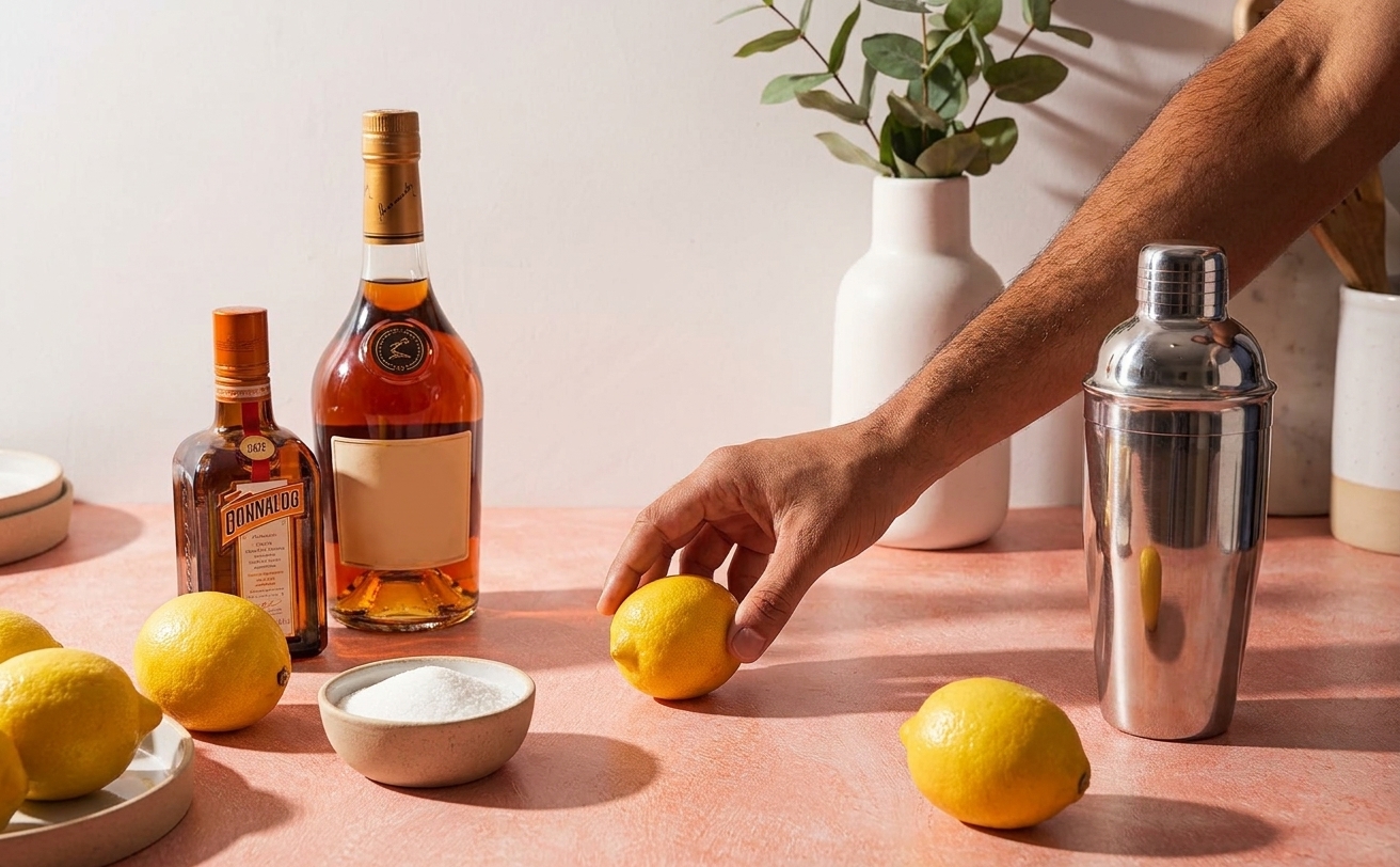 Cognac, orange liqueur, fresh lemons, a small bowl of sugar, and a cocktail shaker arranged on a clean kitchen counter