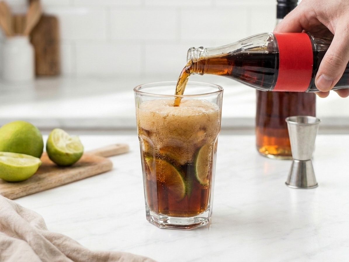 Cola being poured into a highball glass with rum and ice, creating a fizzy foam at the top