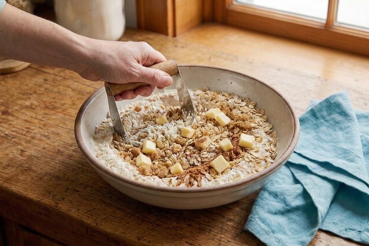 Cold butter being cut into a flour and oat mixture in a mixing bowl using a pastry cutter