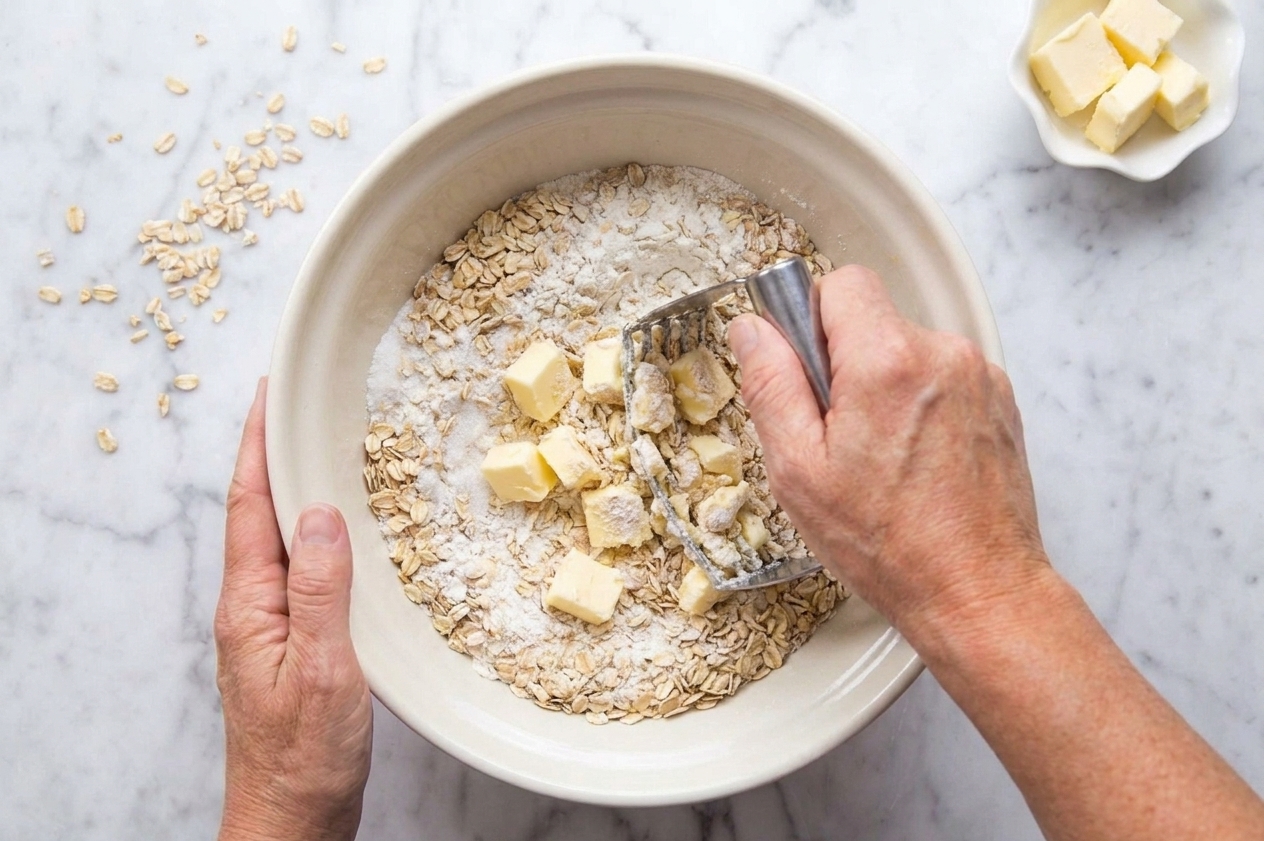 Cold butter being cut into an oat and flour mixture in a bowl with a pastry cutter on a light countertop