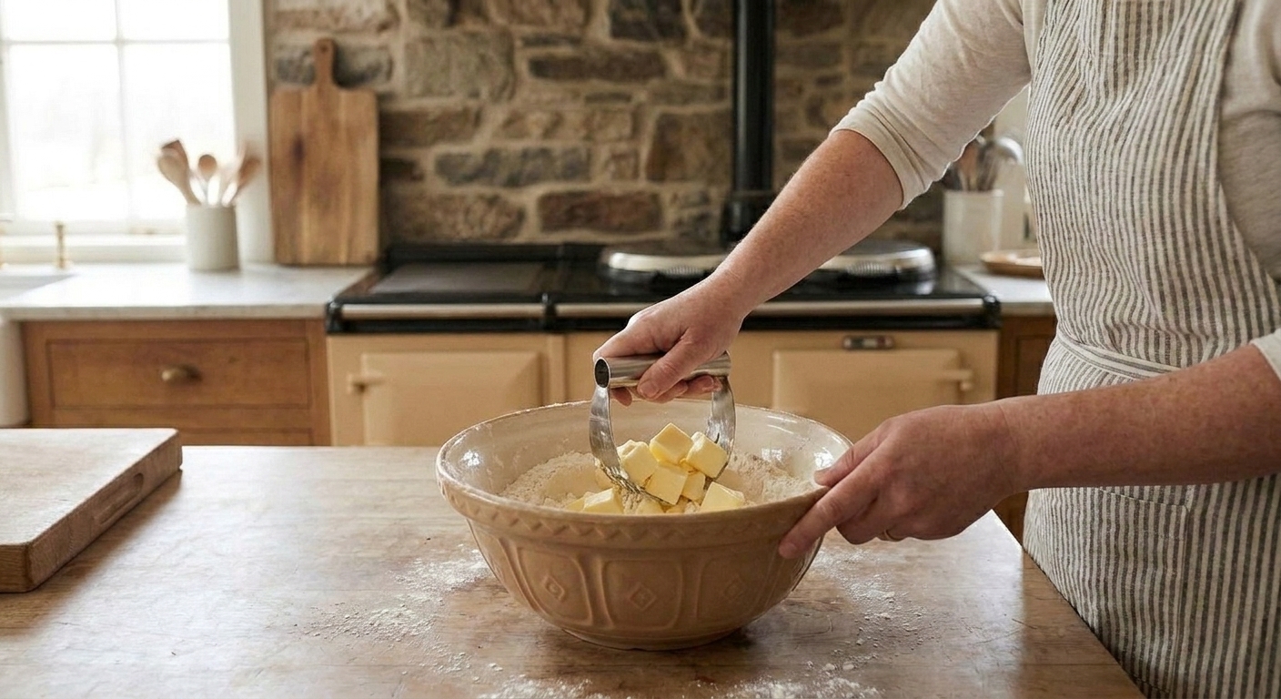 Cold butter being cut into flour with a pastry cutter in a mixing bowl on a kitchen counter