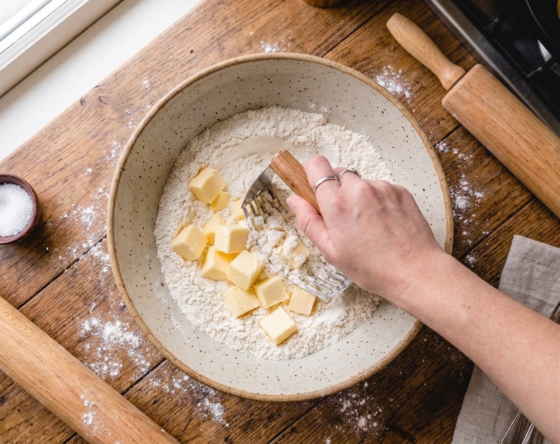 Cold butter being cut into flour with a pastry cutter in a large mixing bowl on a kitchen counter