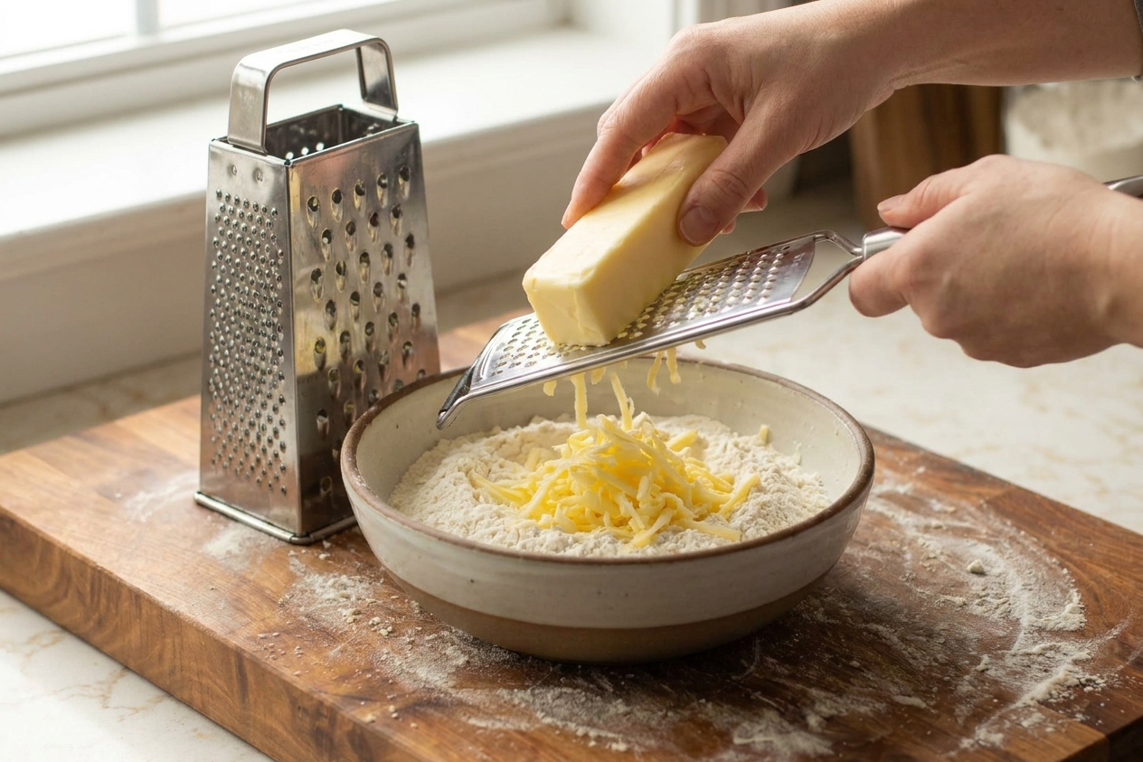 Cold butter being grated into a bowl of flour on a bright kitchen counter, with a box grater nearby