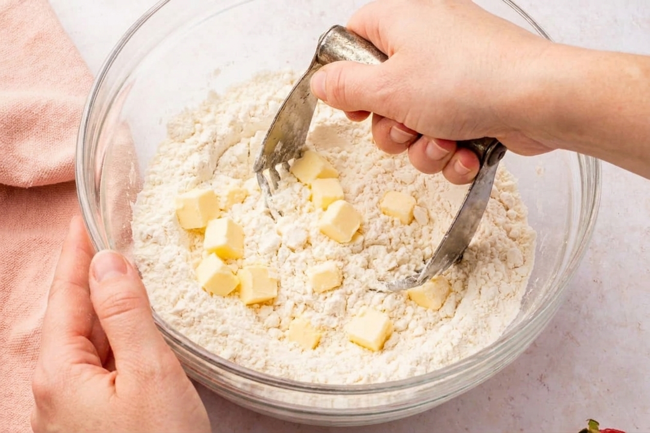 Cold butter being worked into flour with a pastry cutter until small butter pieces are visible throughout