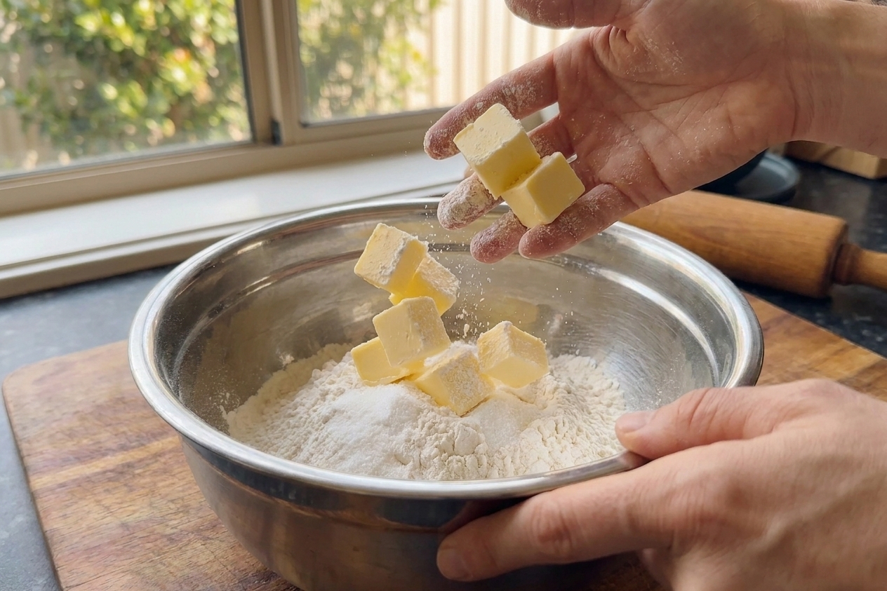 Cold butter cubes being tossed into flour, sugar, and salt in a stainless steel mixing bowl on a kitchen counter