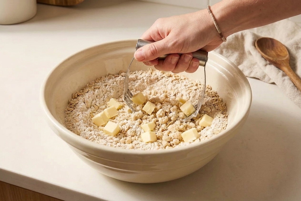 Cold butter cubes being worked into an oat flour mixture in a bowl until crumbles form