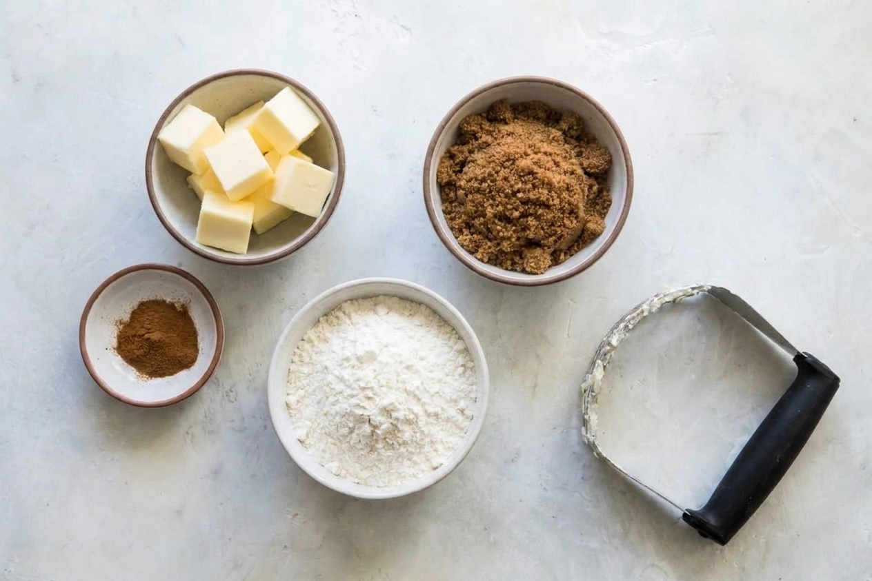 Cold butter cubes in a bowl beside brown sugar and flour on a kitchen counter, ready to be mixed into streusel