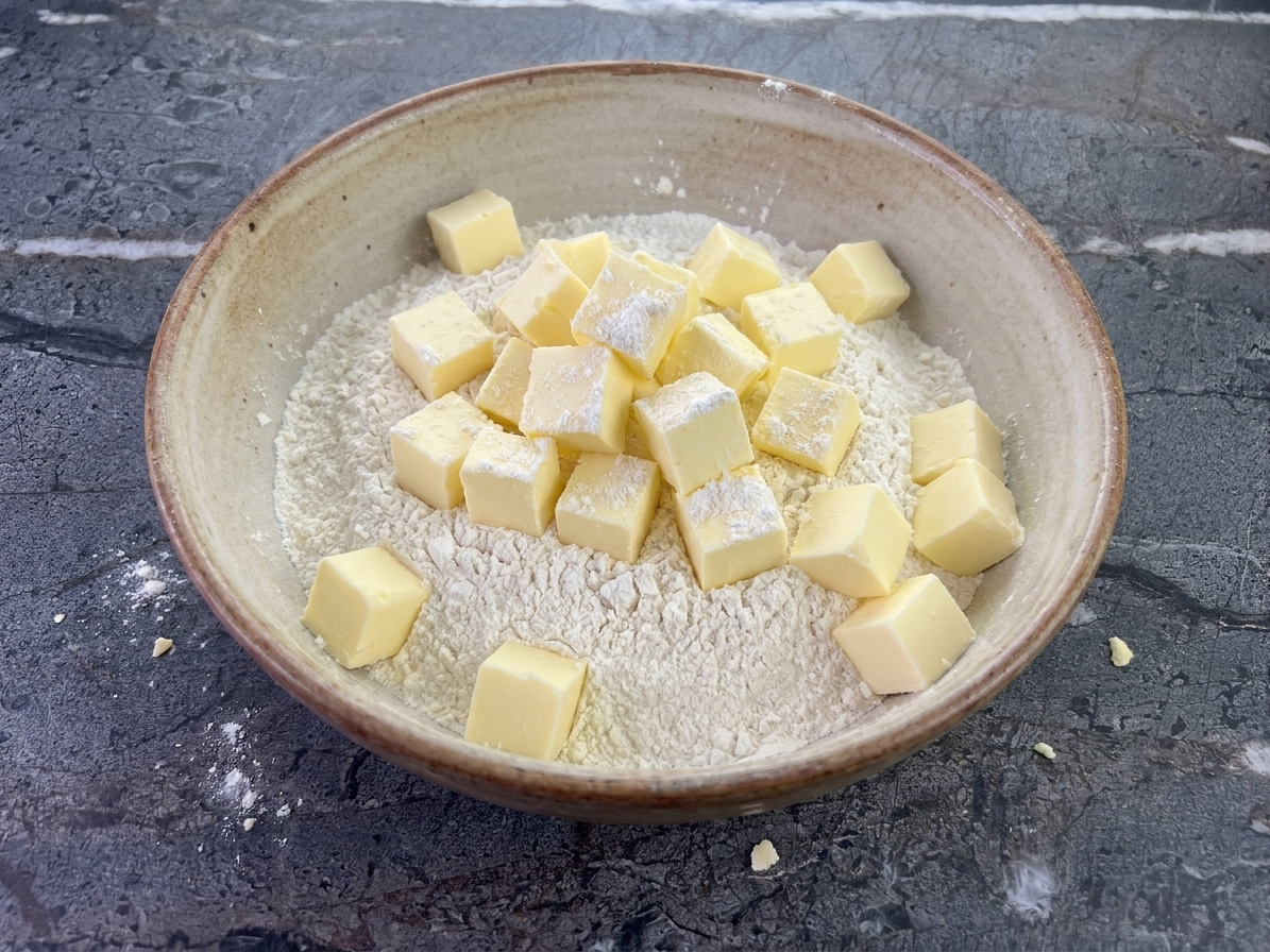 Cold butter cubes scattered over flour in a large mixing bowl on a kitchen counter