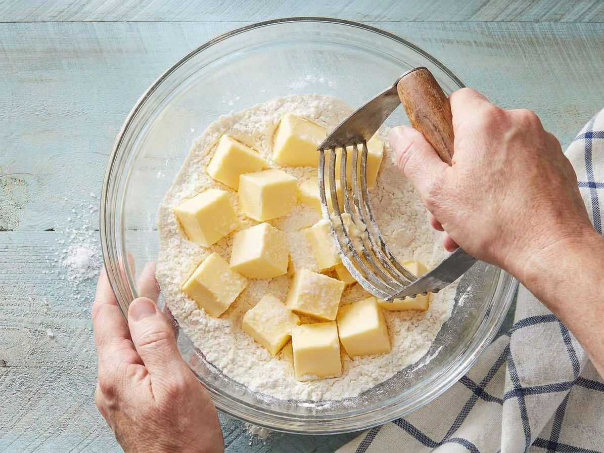 Cold butter cubes sitting in a bowl of flour and salt, ready to be cut in with a pastry cutter