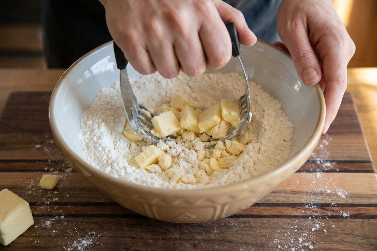 Cold butter pieces being worked into a flour mixture until pea-sized bits form for tender biscuits