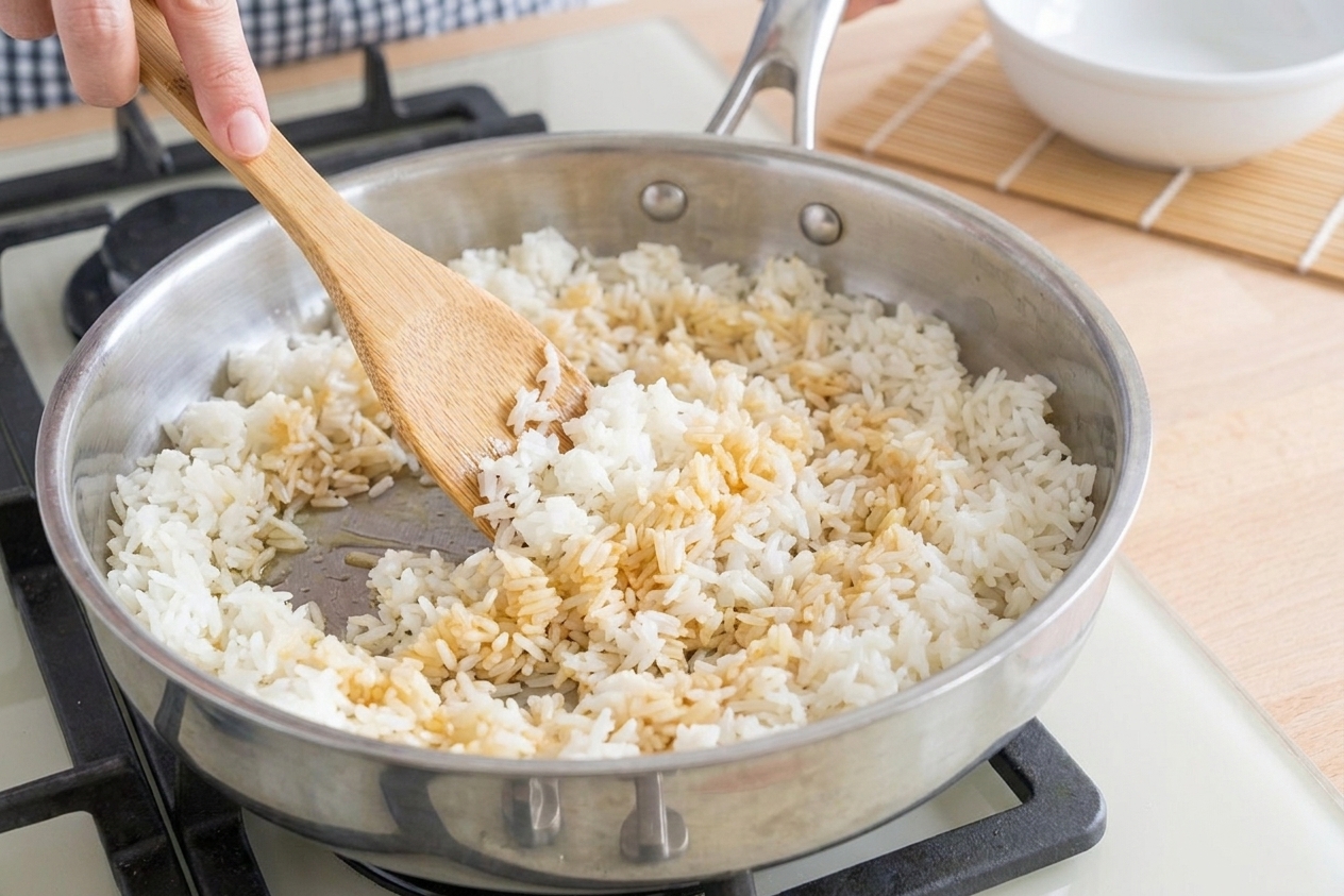 Cold cooked rice frying in a large skillet with a spatula, with some grains turning lightly golden