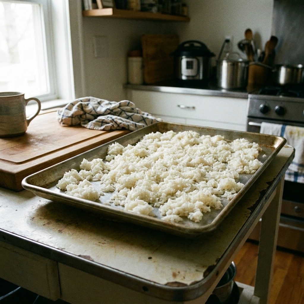 Cold cooked rice spread out on a sheet pan to dry slightly before frying, photographed on a home kitchen counter