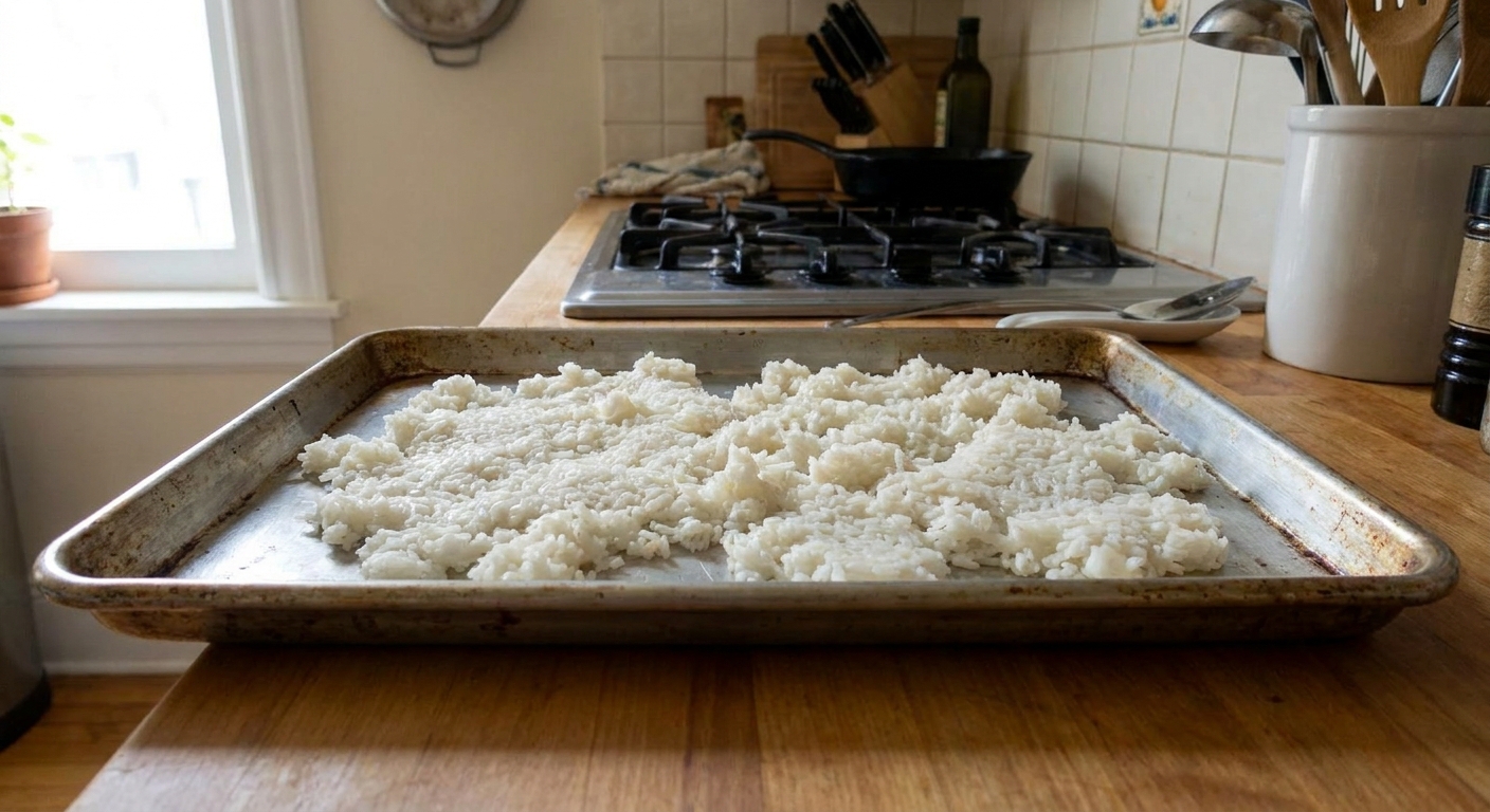 Cold cooked white rice spread in a thin layer on a metal sheet pan to dry out before making fried rice, real kitchen photo