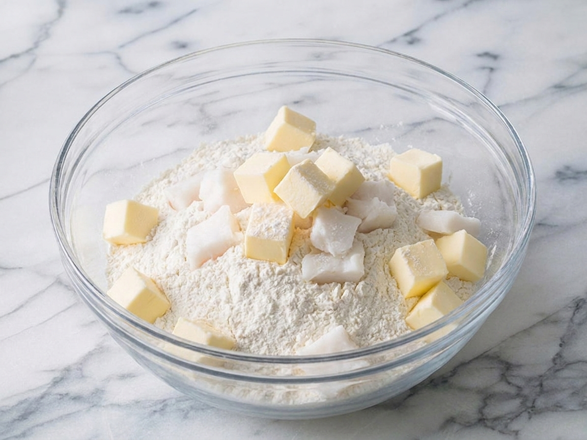 Cold cubed butter and pieces of lard sitting on flour in a large mixing bowl on a bright kitchen counter