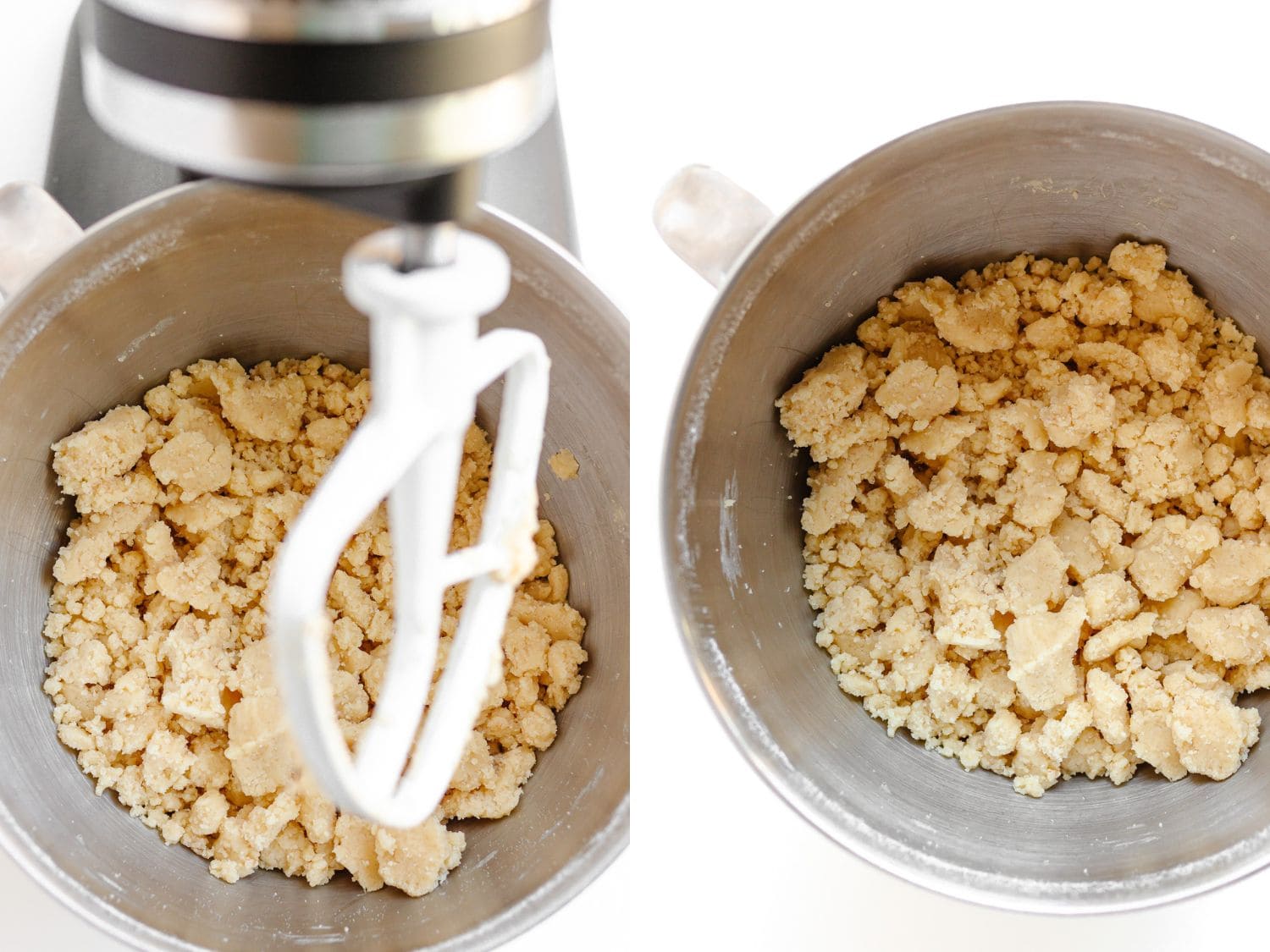 Cold cubed butter being added to a bowl of flour, oats, sugars, cinnamon, and salt on a kitchen counter