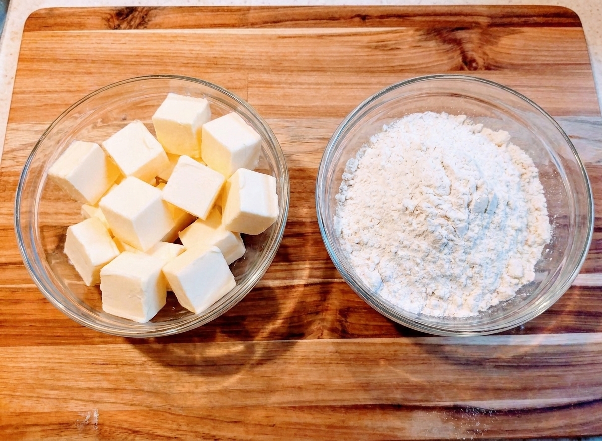 Cold cubed butter in a glass bowl on a kitchen counter next to a bowl of gluten free flour blend