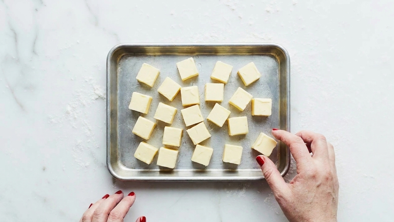 Cold cubed butter spread on a small baking sheet on a kitchen counter, ready to be mixed into flour
