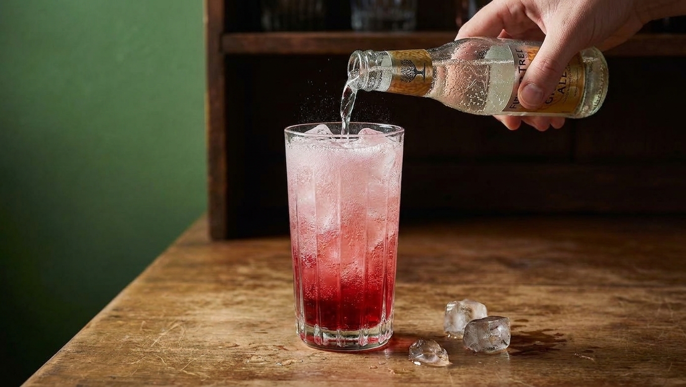 Cold ginger ale being poured into a glass with ice and grenadine, forming a pink gradient with lively bubbles
