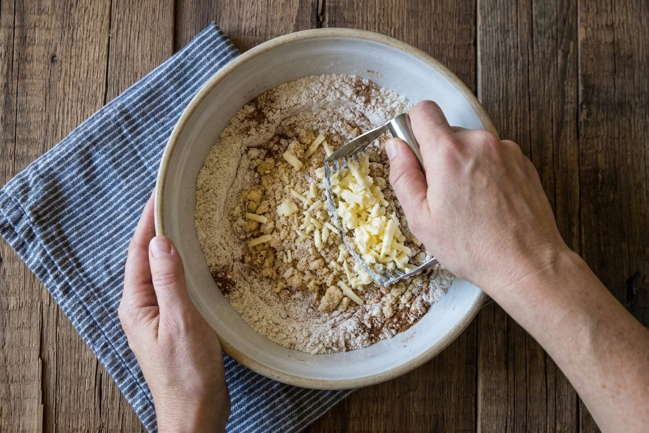 Cold grated butter being mixed into a bowl of flour and spices with a pastry cutter on a kitchen counter