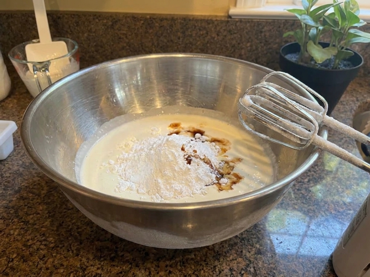 Cold heavy cream in a stainless steel bowl with powdered sugar and vanilla added on top