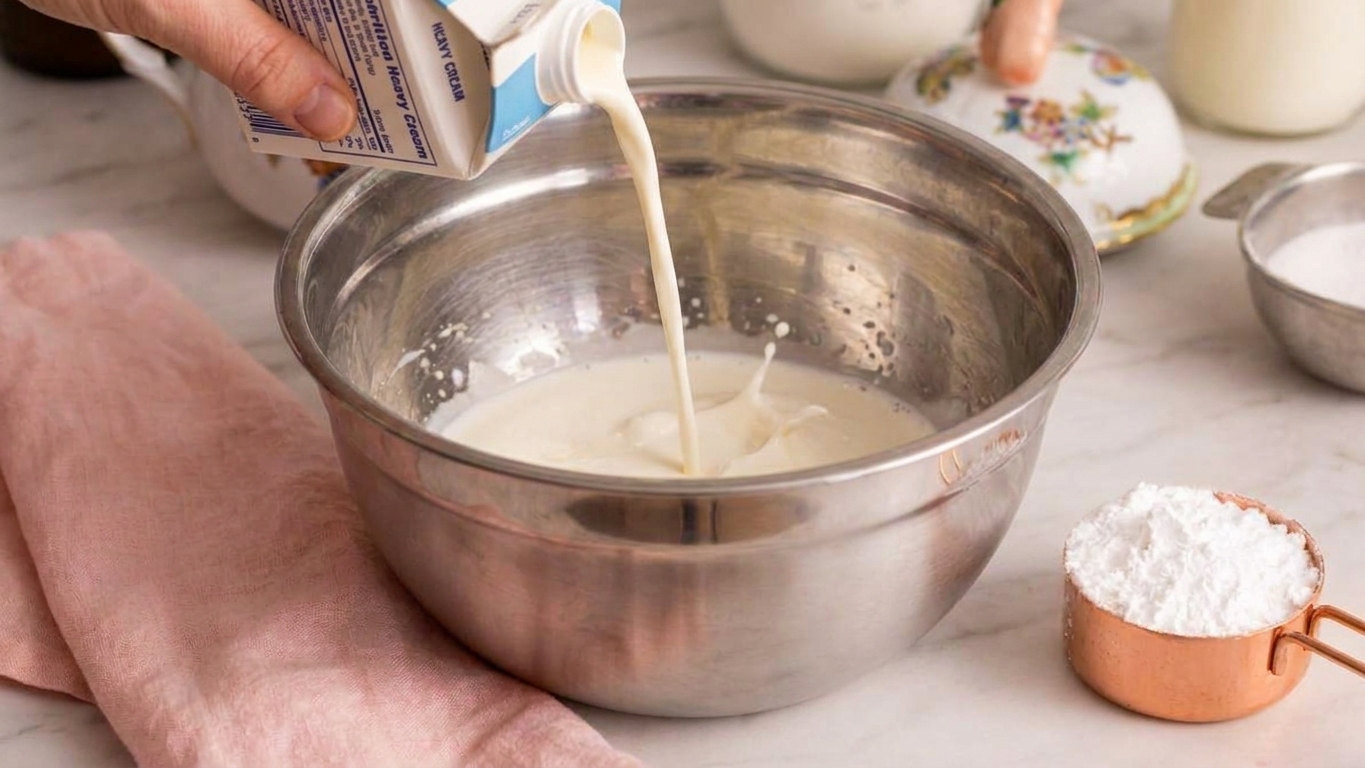 Cold heavy cream poured into a stainless steel mixing bowl on a kitchen counter