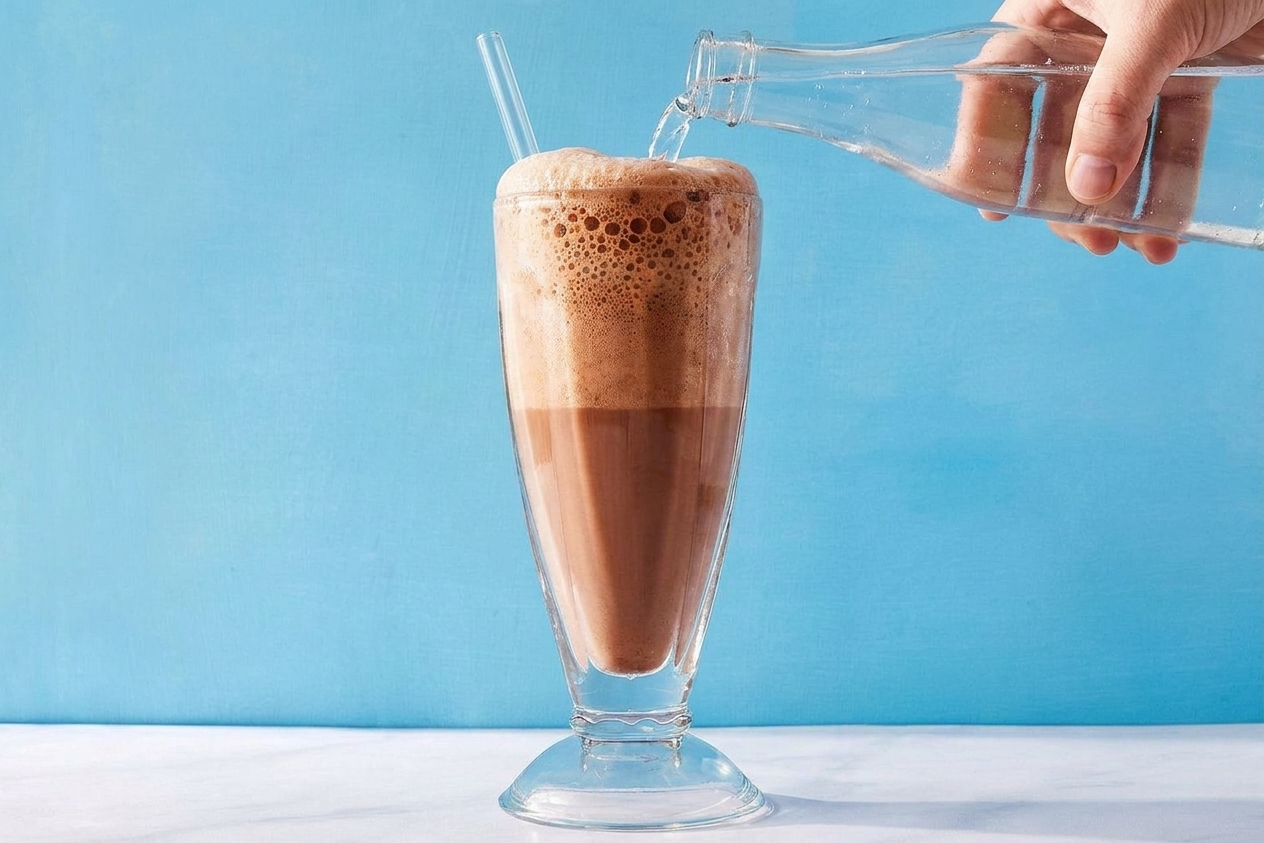 Cold seltzer being poured into a tall glass of chocolate milk, creating a thick foamy head