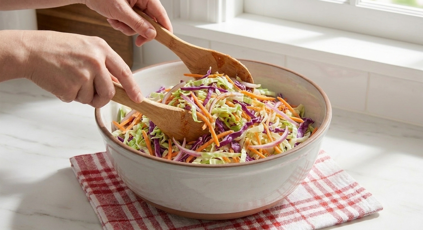 Coleslaw being tossed with a creamy vinegar dressing in a large mixing bowl