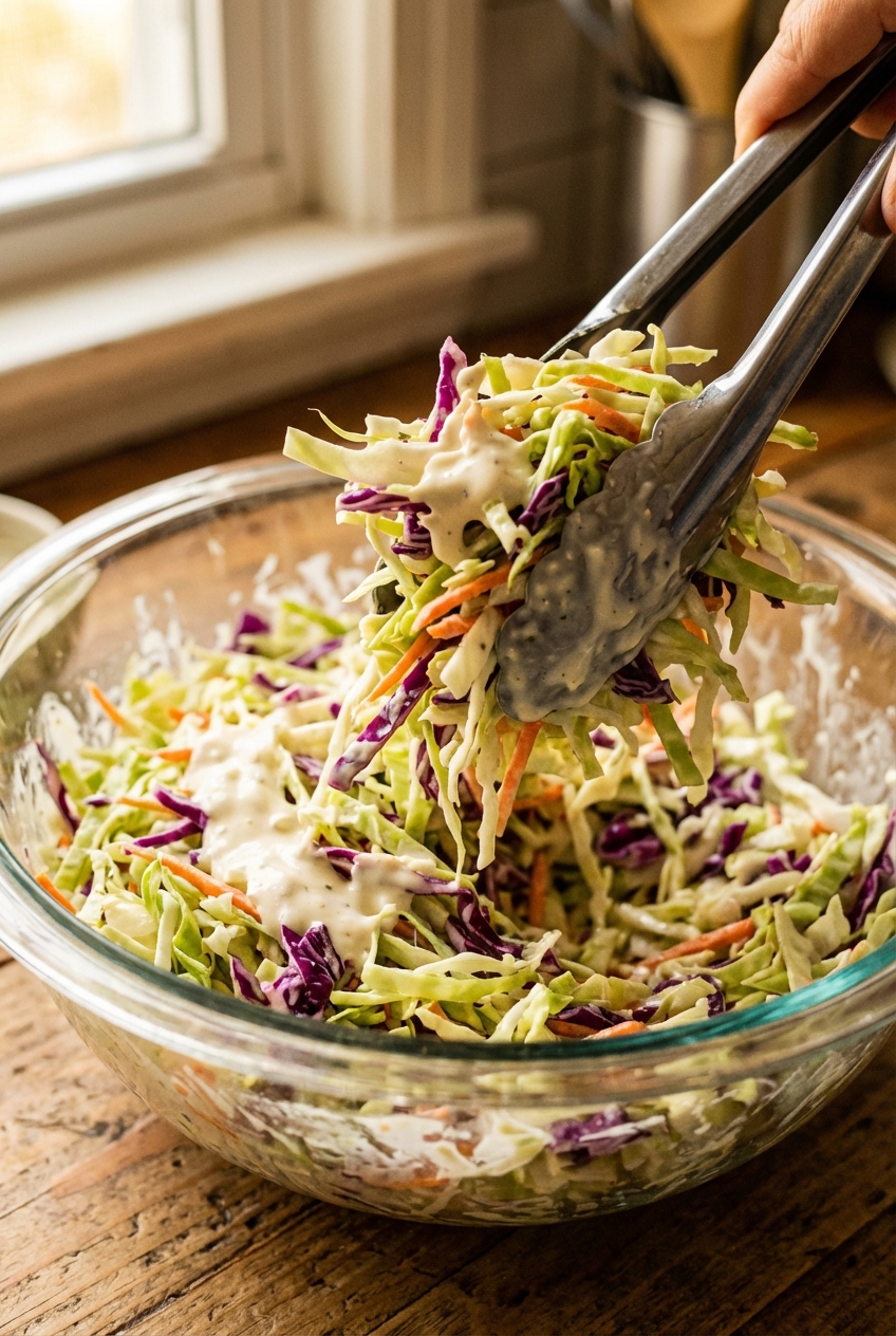 Coleslaw being tossed with tongs in a glass bowl as creamy dressing coats the cabbage