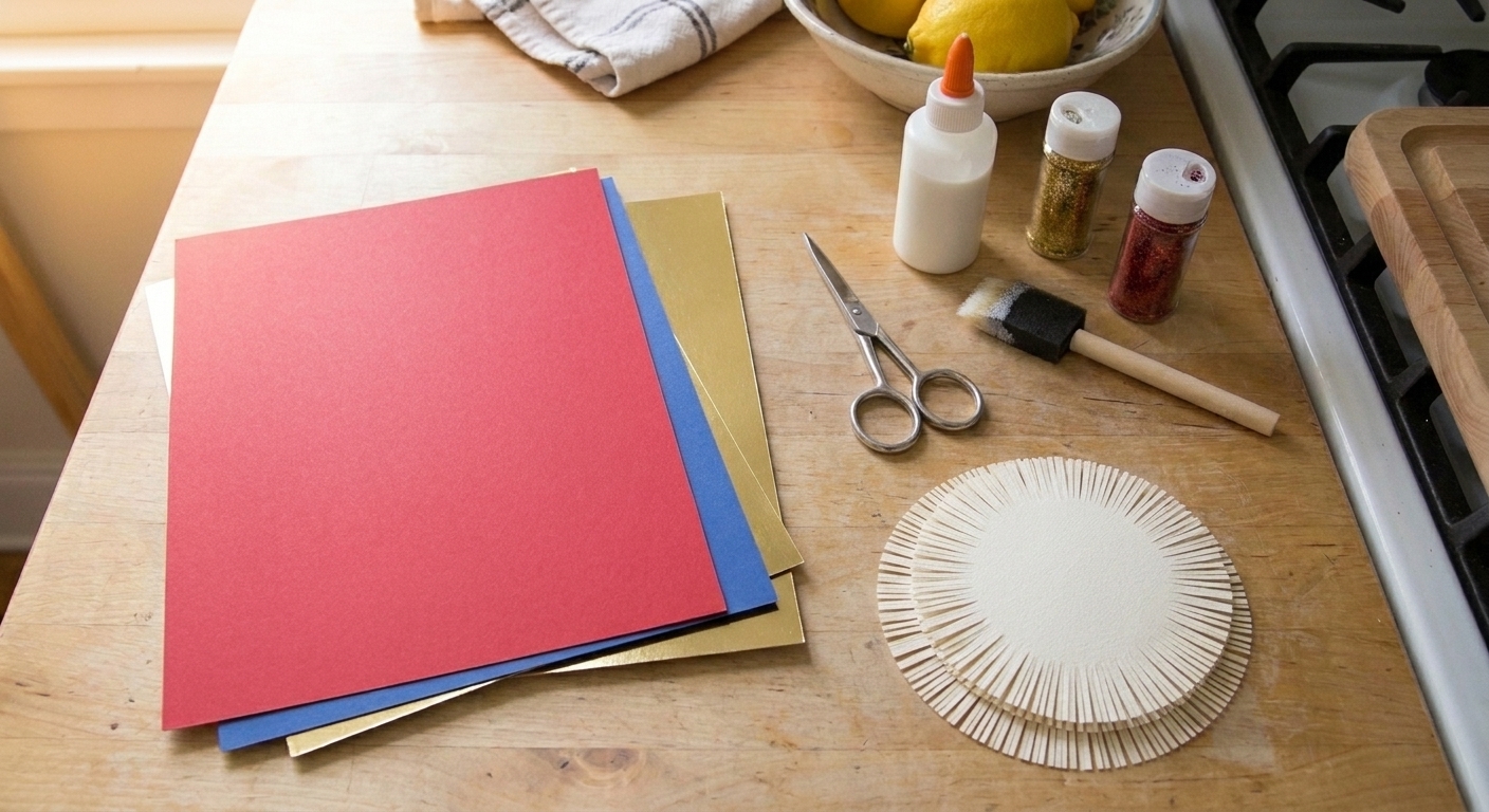 Colored cardstock, scissors, glue, glitter, and small paper circles arranged neatly on a kitchen counter under warm light