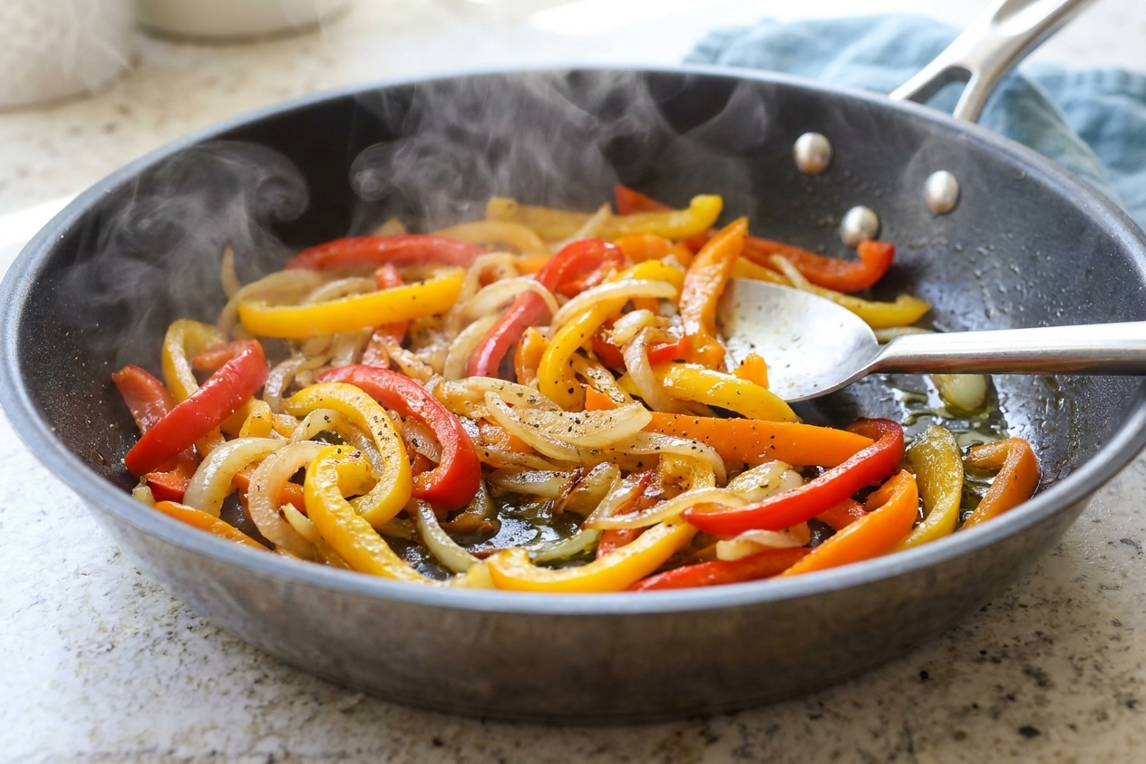 Colorful bell peppers and onions sautéing in a large skillet with visible steam, the vegetables turning soft and glossy