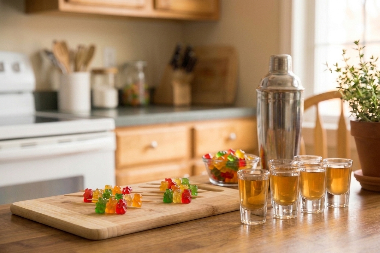 Colorful gummy bears threaded onto small cocktail picks on a cutting board next to shot glasses