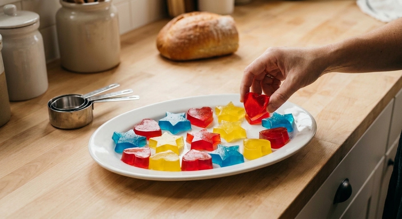 Colorful jello jigglers cut into star and heart shapes arranged on a white platter on a bright kitchen table
