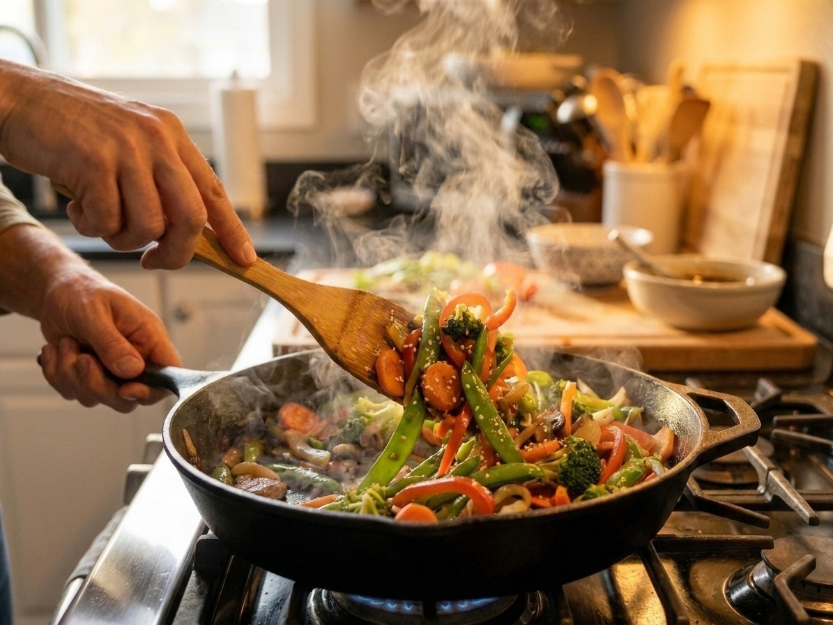 Colorful vegetables sizzling in a large skillet on a home stove as a wooden spatula tosses them, showing steam and lightly browned edges