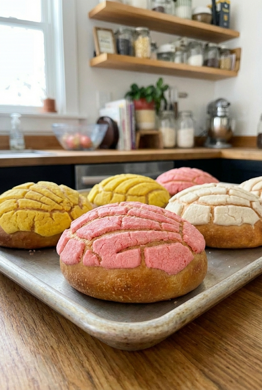 Conchas on a baking sheet cooling with the sugar topping set and lightly crackled