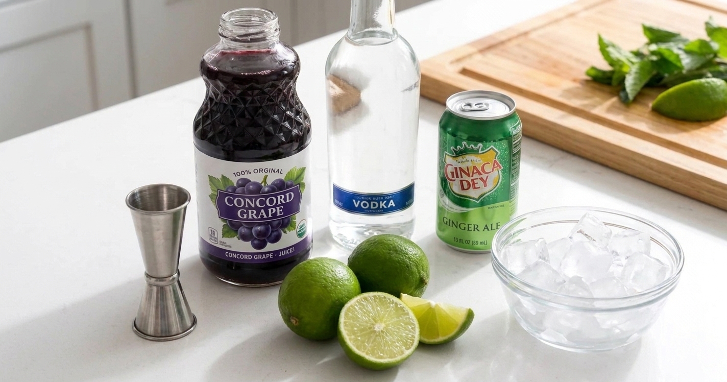 Concord grape juice, vodka, ginger ale, and fresh limes arranged on a clean kitchen counter with a jigger and ice nearby