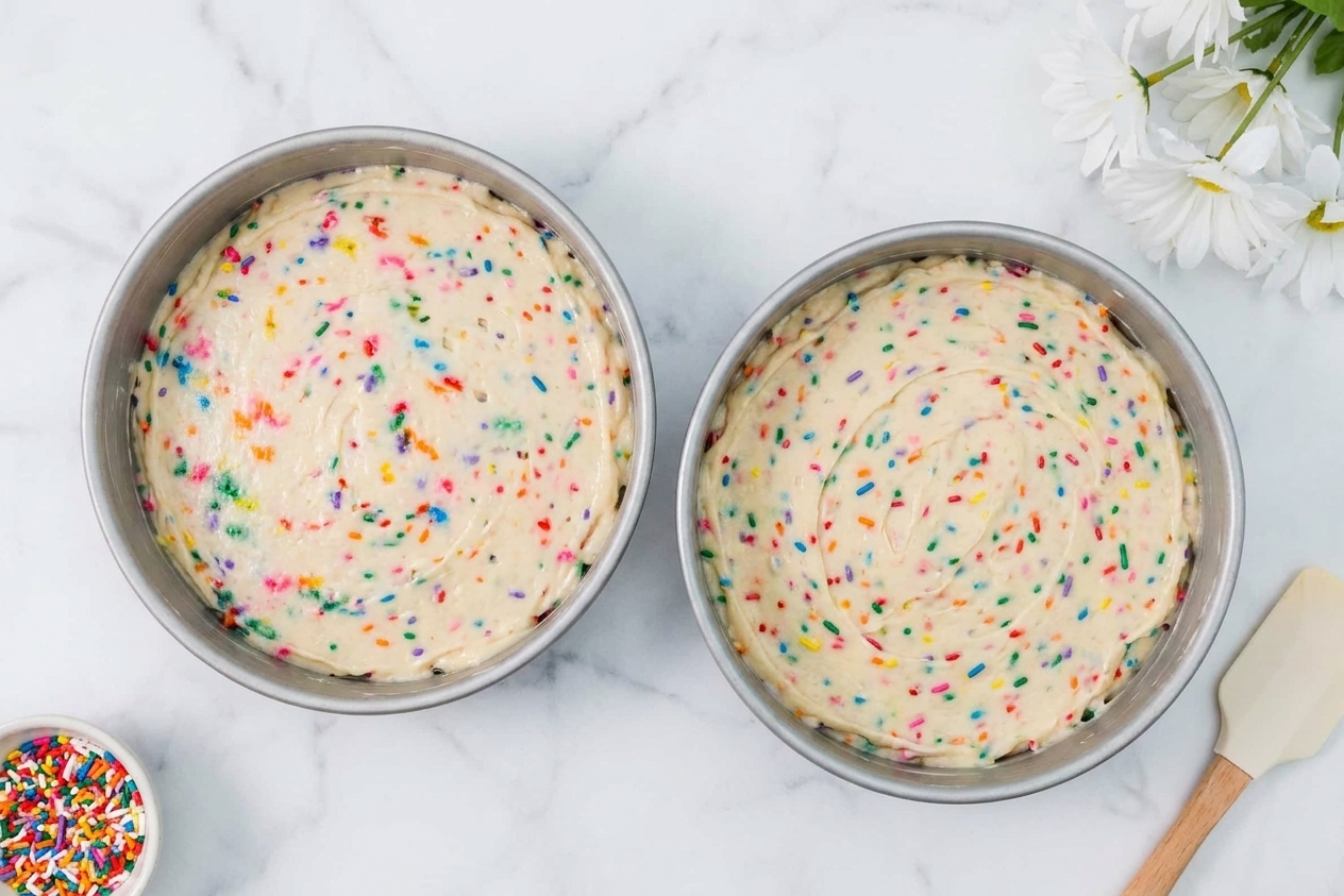 Confetti cake batter divided between two round cake pans on a kitchen counter before baking