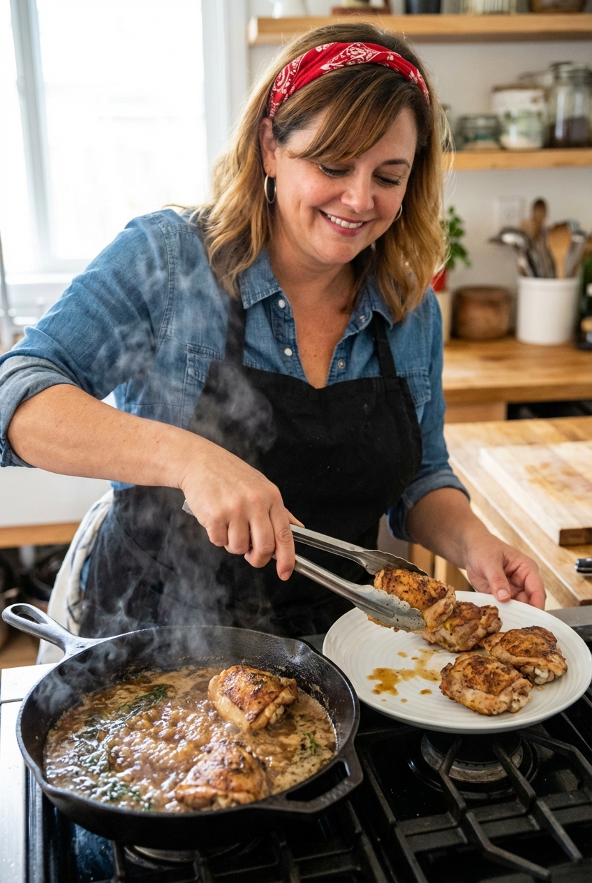 Cook placing browned chicken thighs onto a plate next to a skillet with bubbling pan sauce