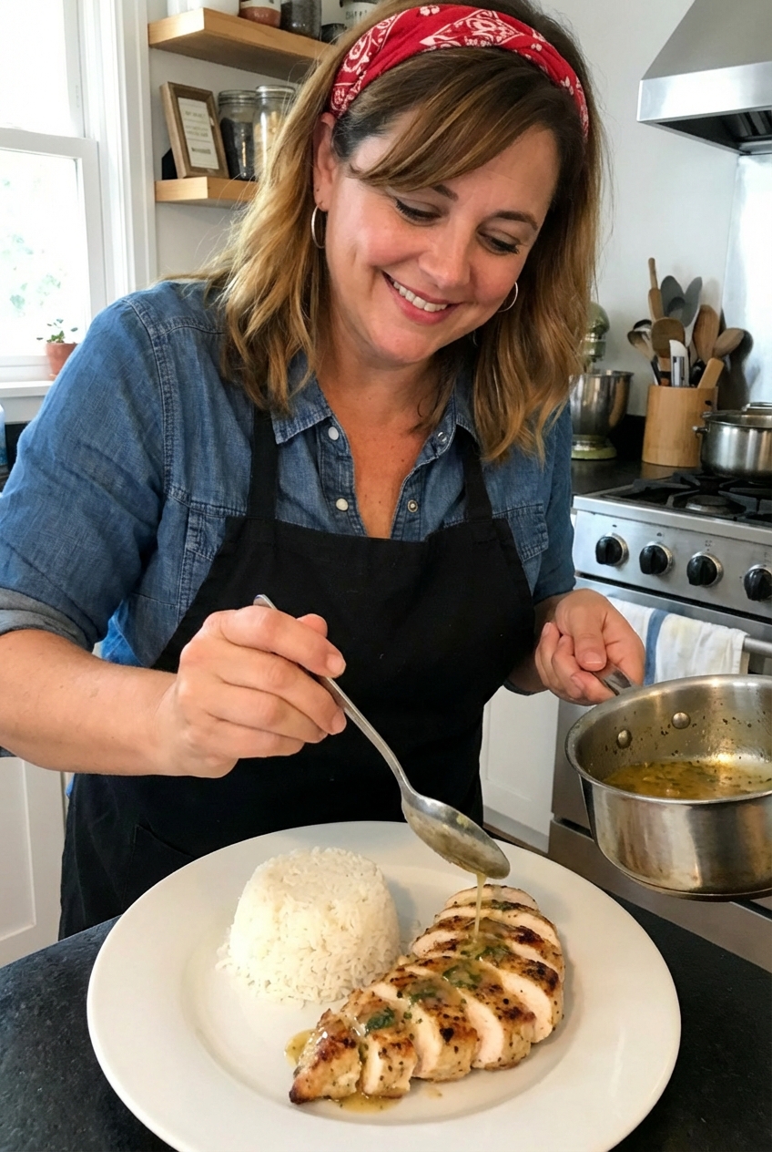 Cook spooning lemon herb pan sauce over sliced chicken breast on a plate with steamed rice
