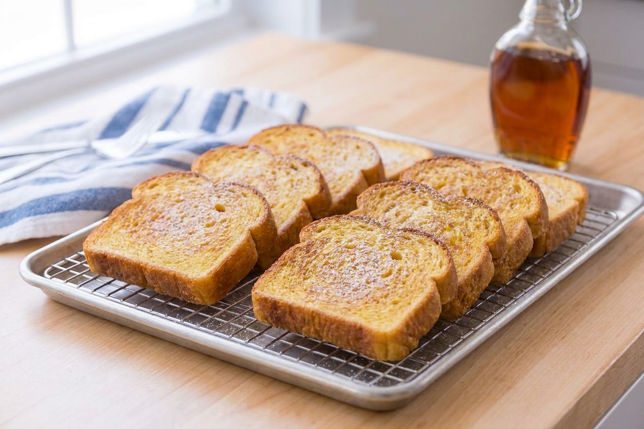 Cooked French toast slices cooling on a wire rack set over a sheet pan