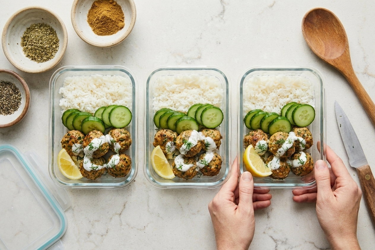 Cooked Greek meatballs portioned into glass meal prep containers with sliced cucumbers and rice on a bright kitchen counter