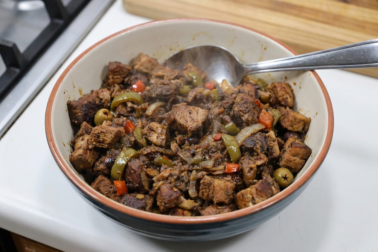 Cooked Puerto Rican pork filling cooling in a bowl on a kitchen counter with a spoon resting inside